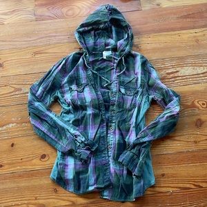 Bongo plaid hooded button-up shirt